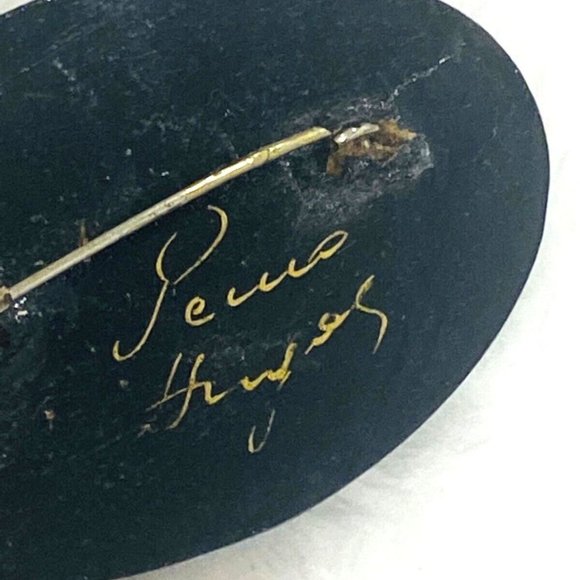 Vintage Russian Hand Painted Brooch Black Lacquer Wood Enamel Floral Oval Signed - Picture 4 of 5